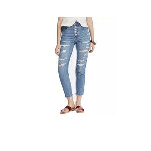 Free People Skinny Cropped Jeans Women 28 Button Fly High Rise Distressed Boho